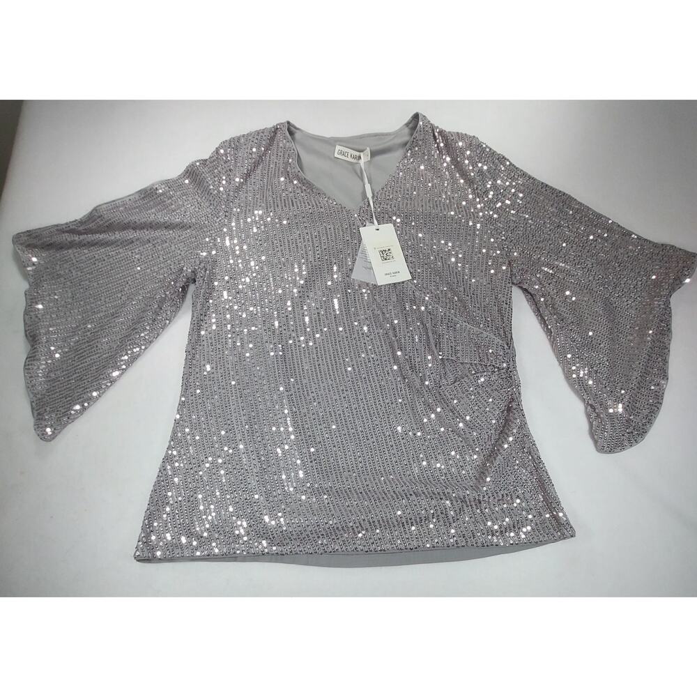 NWT GRACE KARIN Women's Silver Sequined Bell Slit Sleeve V-Neck Ruched Blouse XL